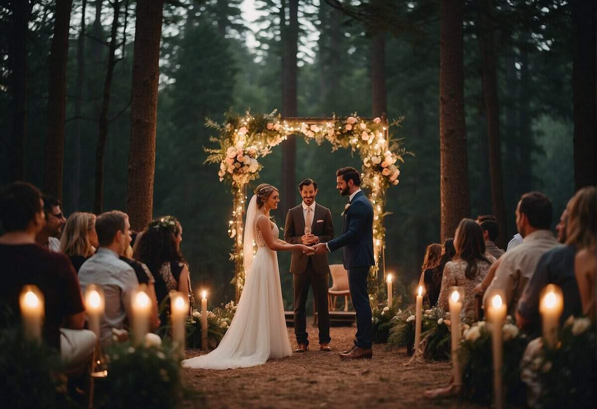 A couple exchanging vows in a forest clearing with fairy lights, bohemian decor, and a vintage rug aisle