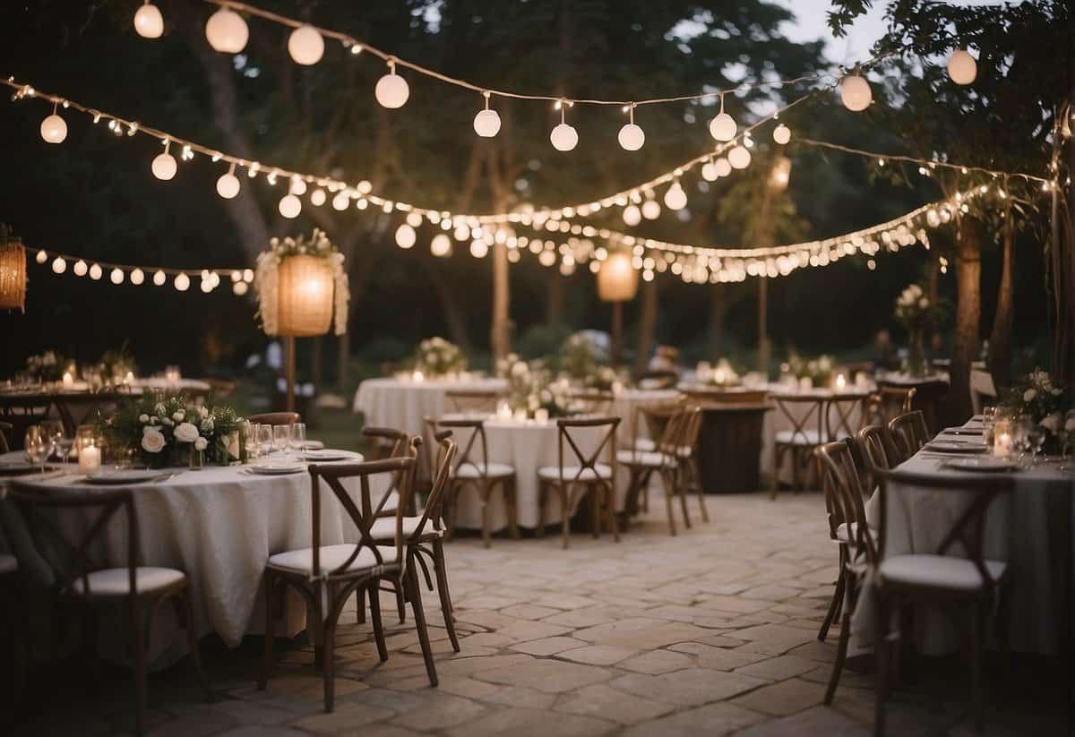 A whimsical outdoor wedding reception with hanging lanterns, vintage furniture, and a bohemian lounge area. Twinkling lights and a live band add to the non-traditional atmosphere
