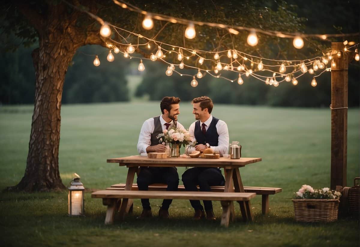 A couple sitting at a picnic table, surrounded by fairy lights and vintage decor. A sign reads "non-traditional wedding ideas" with a checklist of unique wedding elements