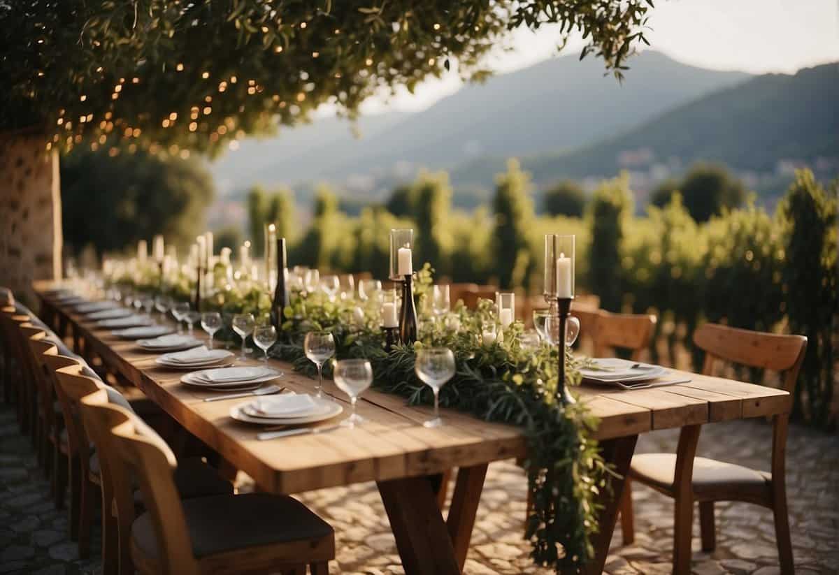 An outdoor Italian wedding with a vineyard backdrop, rustic wooden tables adorned with olive branches, and twinkling string lights creating a warm and romantic ambiance