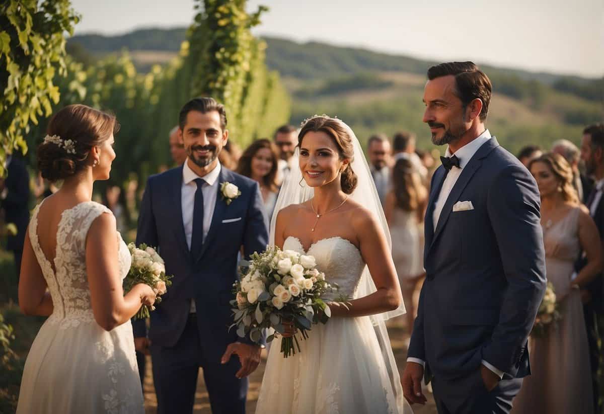 An outdoor Italian wedding with rustic decor, vineyard backdrop, and guests dressed in elegant, traditional attire