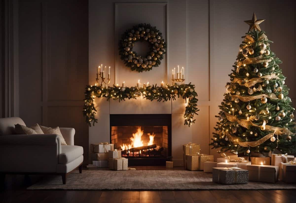 A festive wedding scene with twinkling lights, a glowing fireplace, and a beautifully decorated Christmas tree as the backdrop