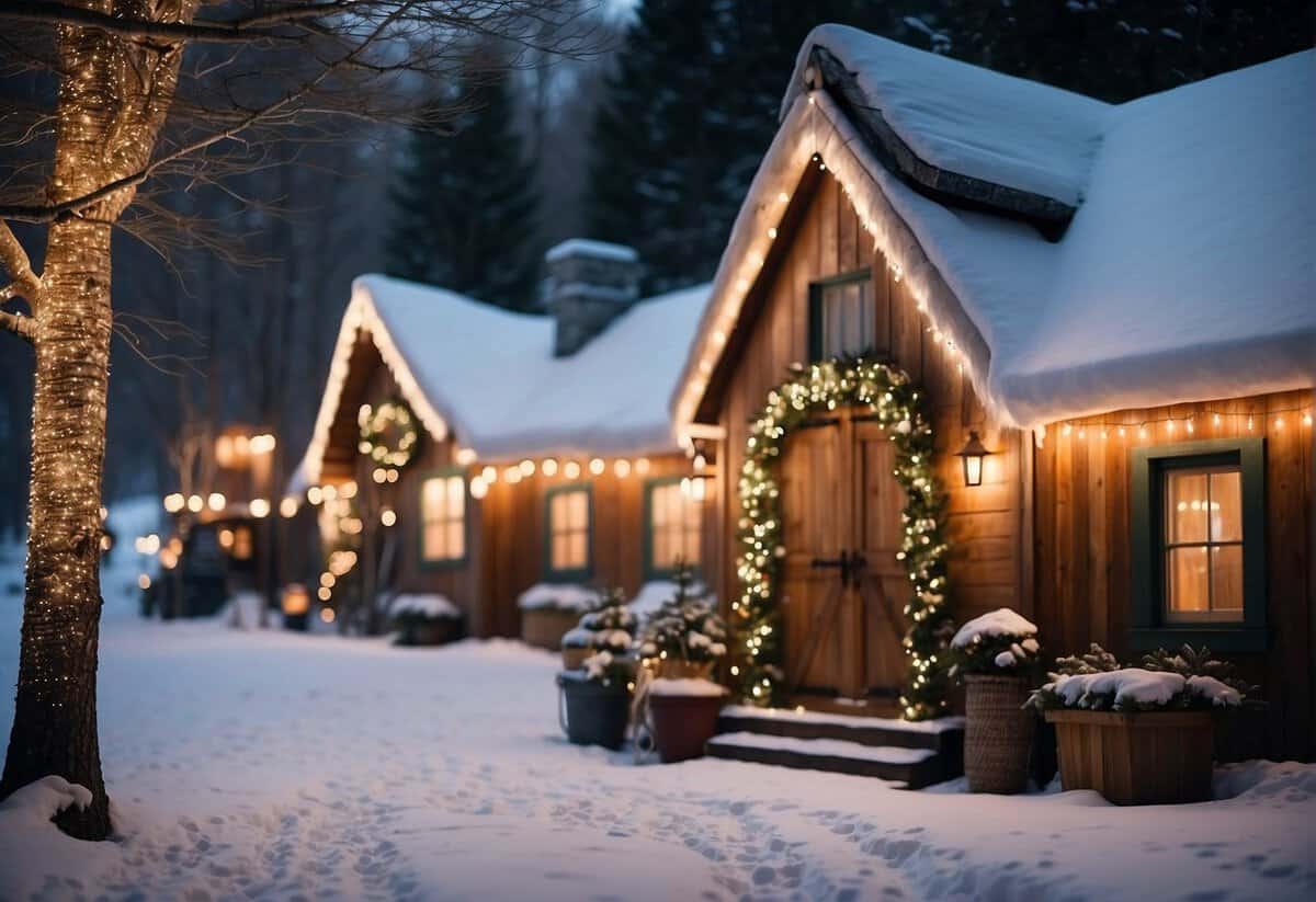A cozy winter wonderland with twinkling lights, evergreen trees, and a rustic barn adorned with festive wreaths and garlands
