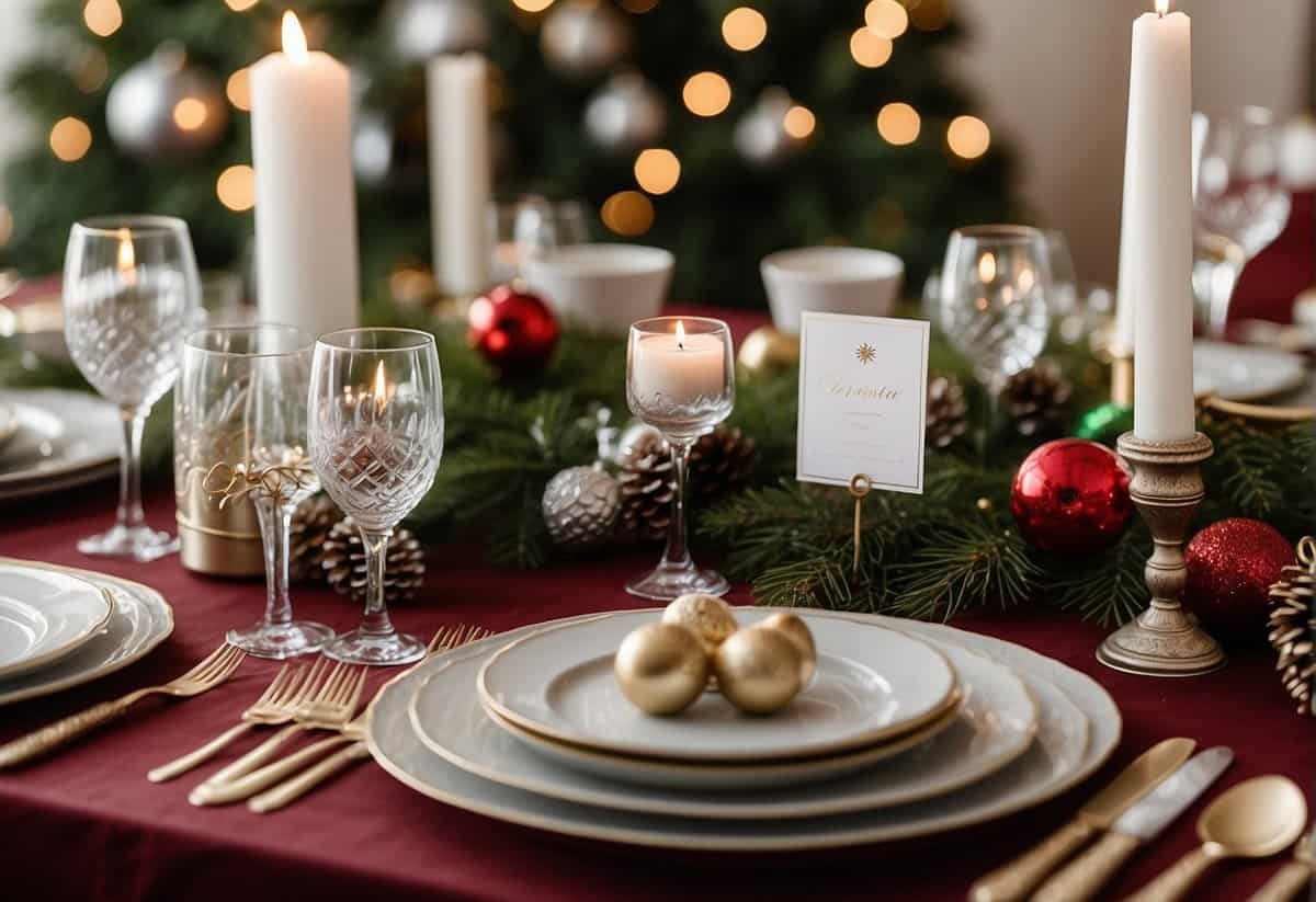 A festive table adorned with Christmas-themed wedding stationery and favors, featuring elegant place cards, personalized ornaments, and seasonal centerpieces
