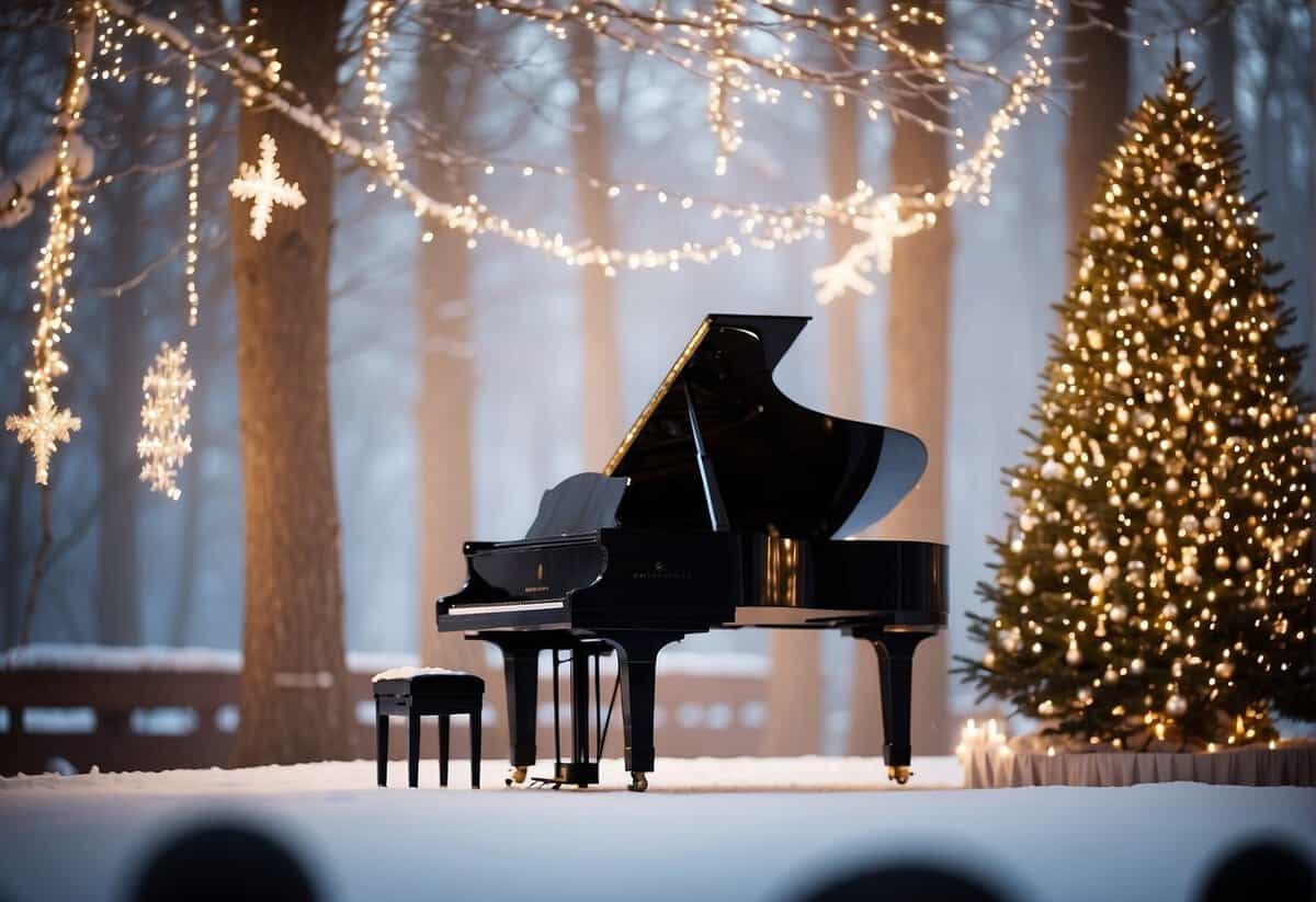 A festive stage with a grand piano, twinkling lights, and a backdrop of snow-covered trees. A microphone stands ready for performances at a Christmas wedding celebration