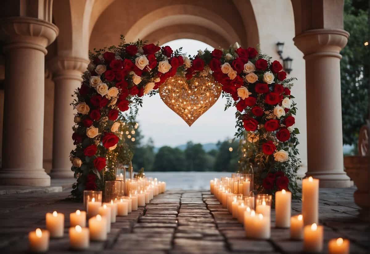 A heart-shaped arch adorned with red roses and twinkling lights, surrounded by romantic candles and scattered rose petals