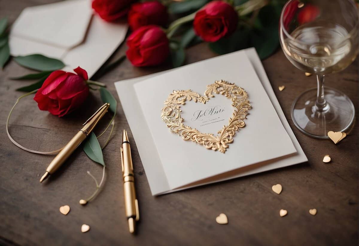 A table set with elegant calligraphy pens, floral motifs, and heart-shaped designs for Valentine's Day wedding invitations