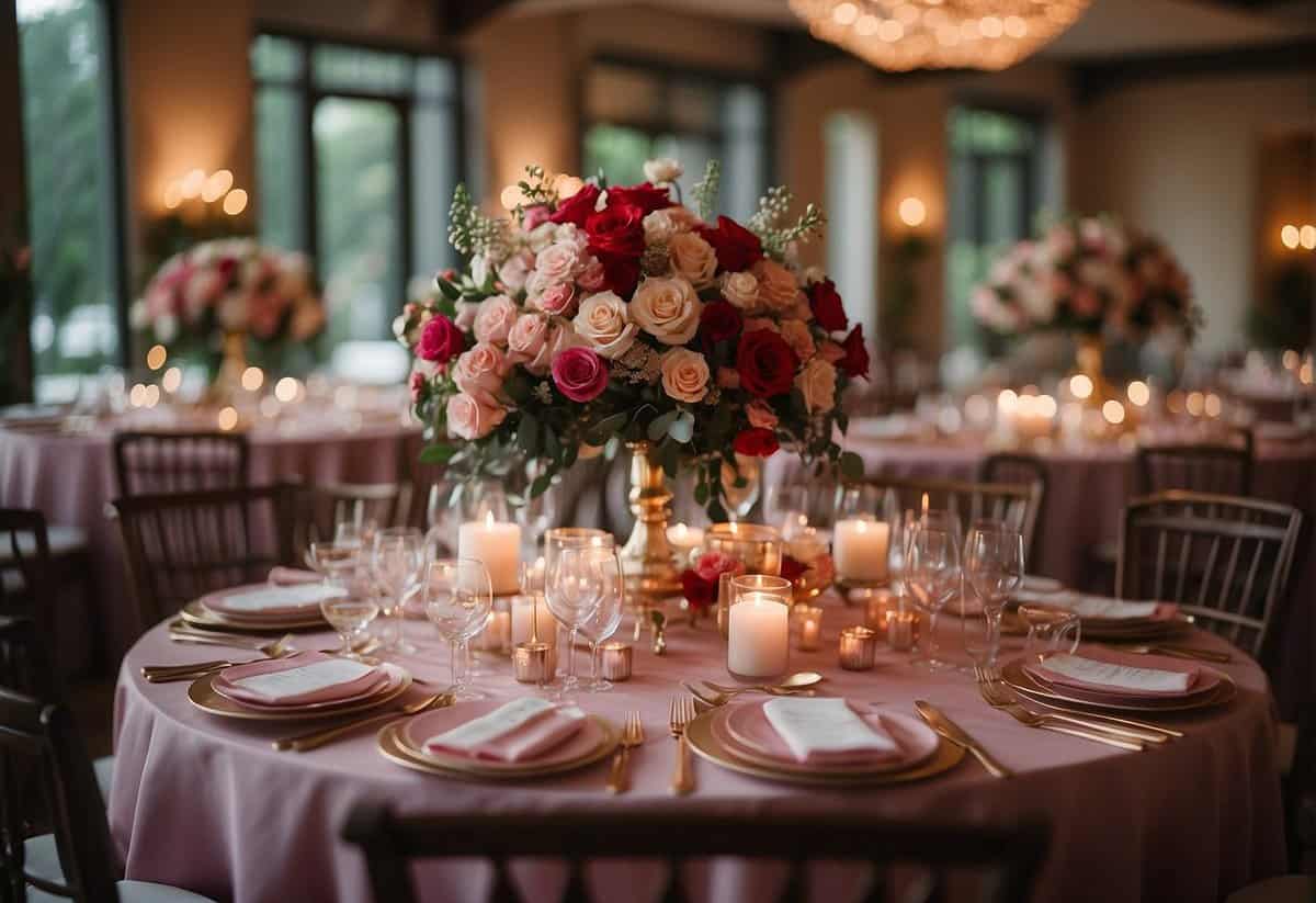 The wedding party gathers in a cozy, romantic setting, adorned with red and pink decorations. Tables are set with elegant place settings and floral centerpieces, creating a warm and festive atmosphere