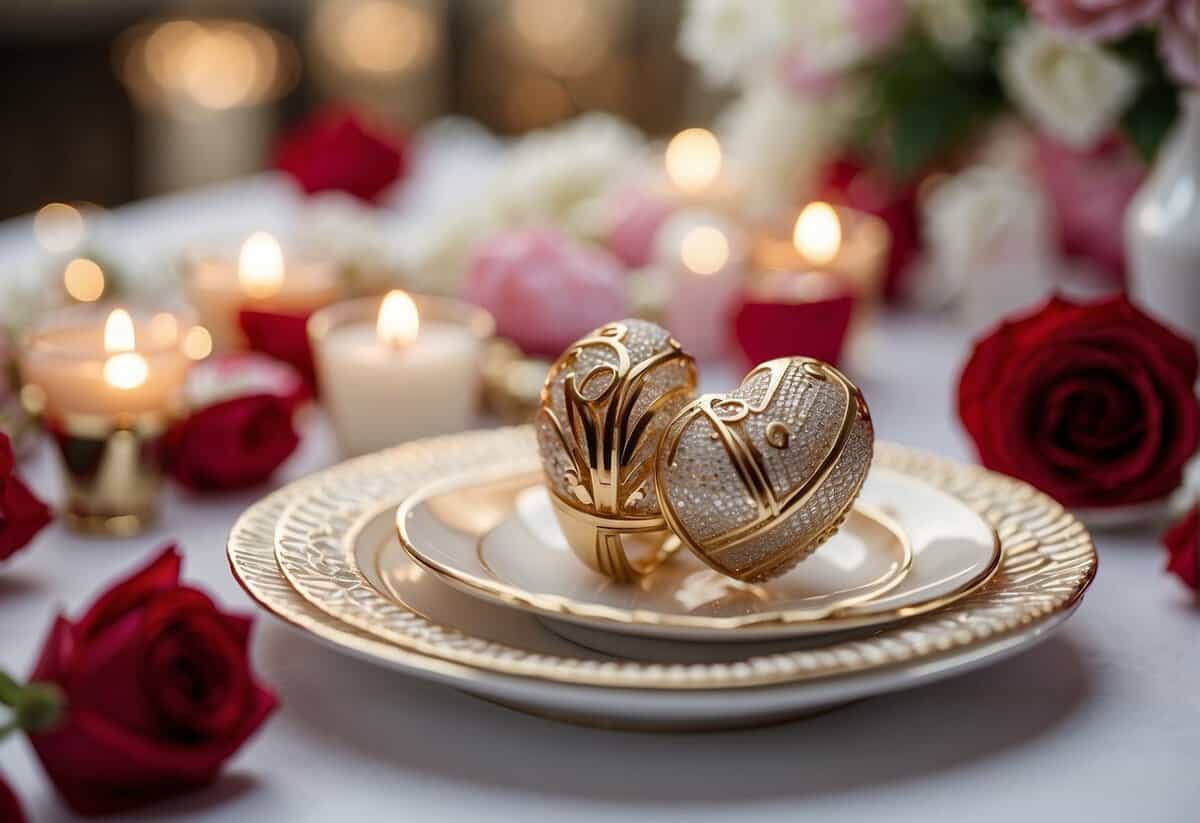 A table adorned with elegant wedding favors and gifts, surrounded by romantic Valentine's Day decorations. A heart-shaped backdrop adds a touch of love to the scene
