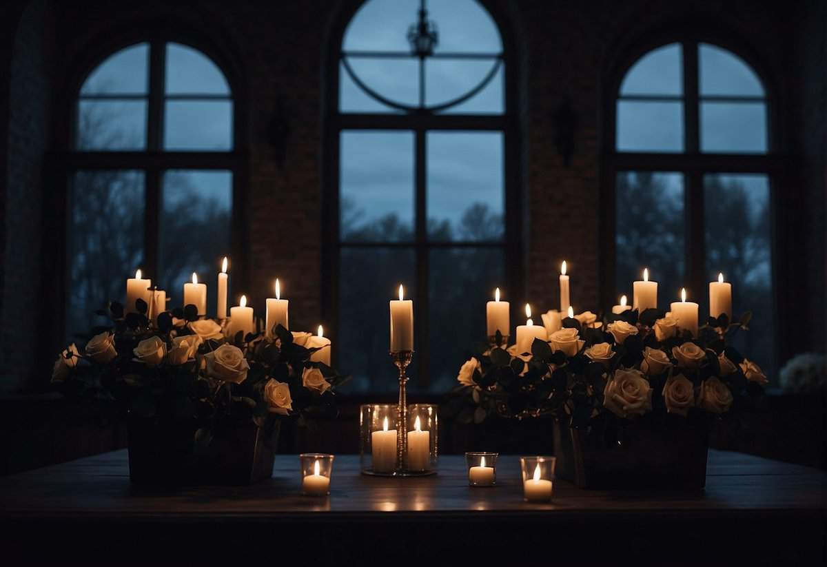 A dark and eerie wedding venue with black roses, candlelit altar, and a full moon shining through the window