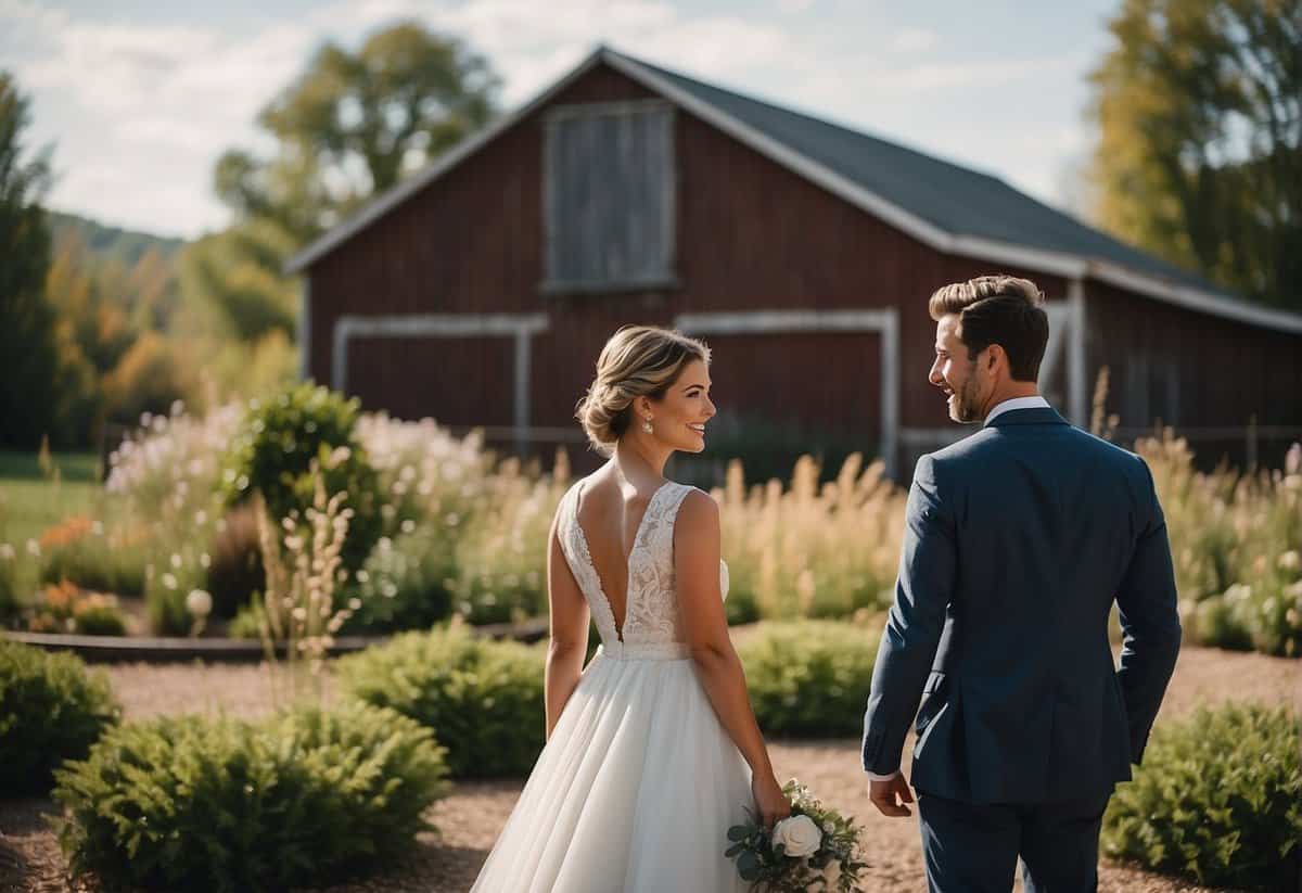 A couple stands in front of a variety of wedding venue options, including a rustic barn, a scenic outdoor garden, and a modern industrial space