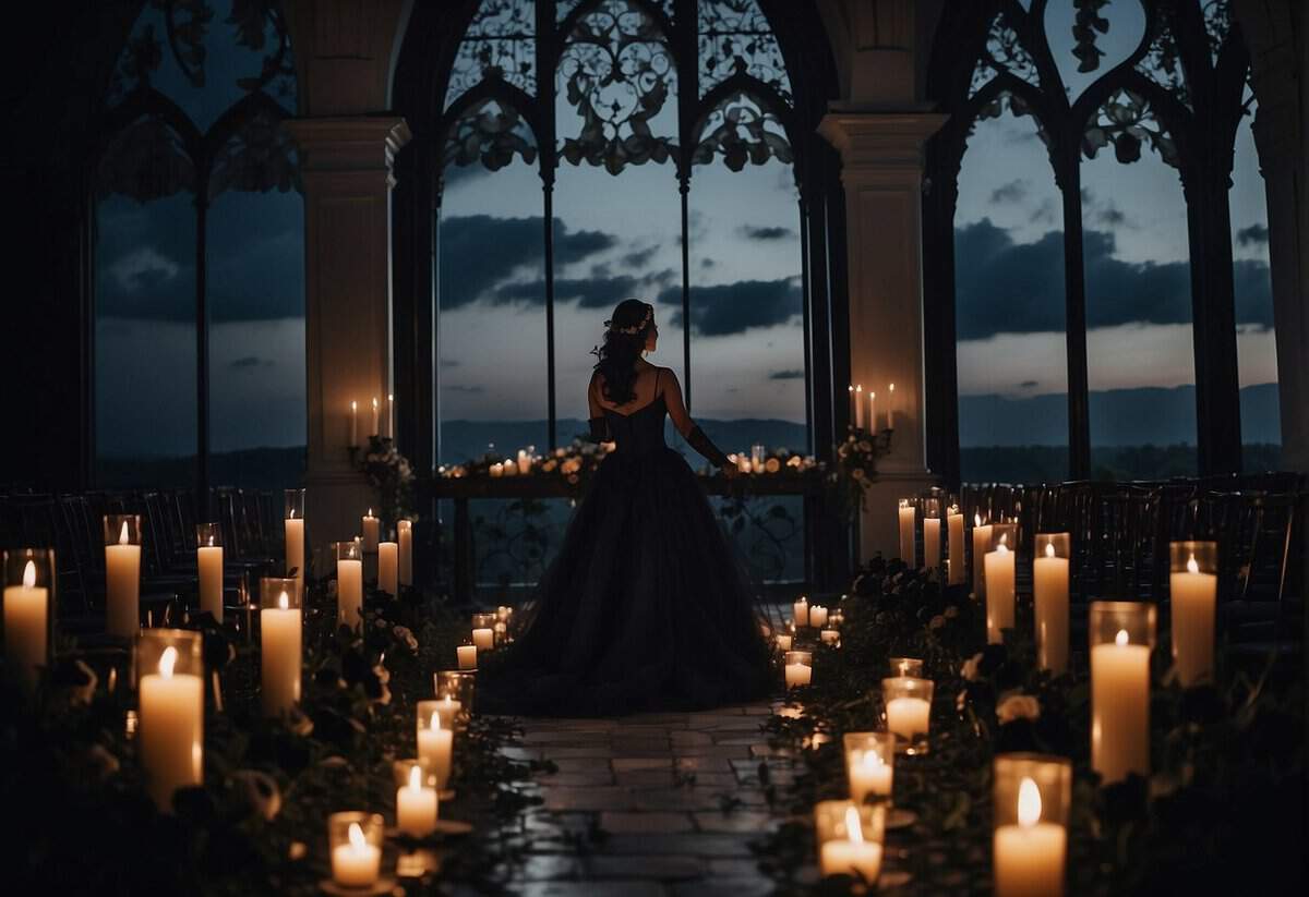 A dark, gothic wedding venue adorned with black roses and candles. The moon casts an eerie glow over the ceremony, creating a hauntingly beautiful atmosphere for the Friday 13th wedding