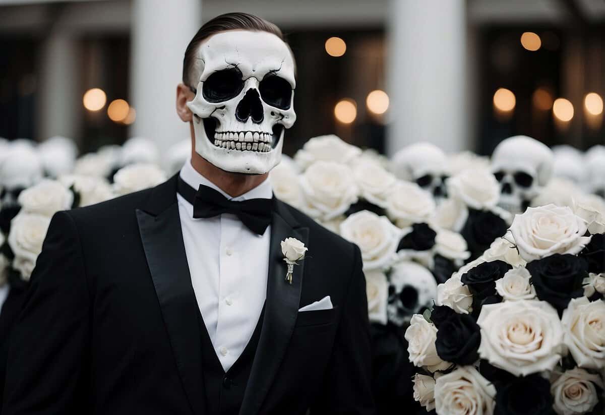 Guests in formal attire, with black and white color scheme. Spooky elements like skull motifs and dark roses incorporated into the wedding decor