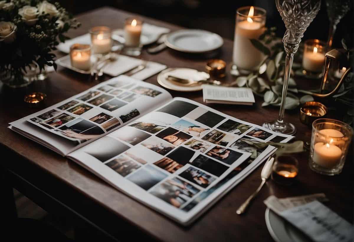 A table scattered with wedding magazines, swatches, and sketches. A calendar showing Friday the 13th. A mood board with dark and elegant wedding ideas