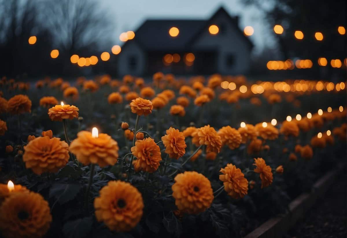 Vendors collaborate on spooky wedding decor: black and orange flowers, eerie lighting, and haunted venue