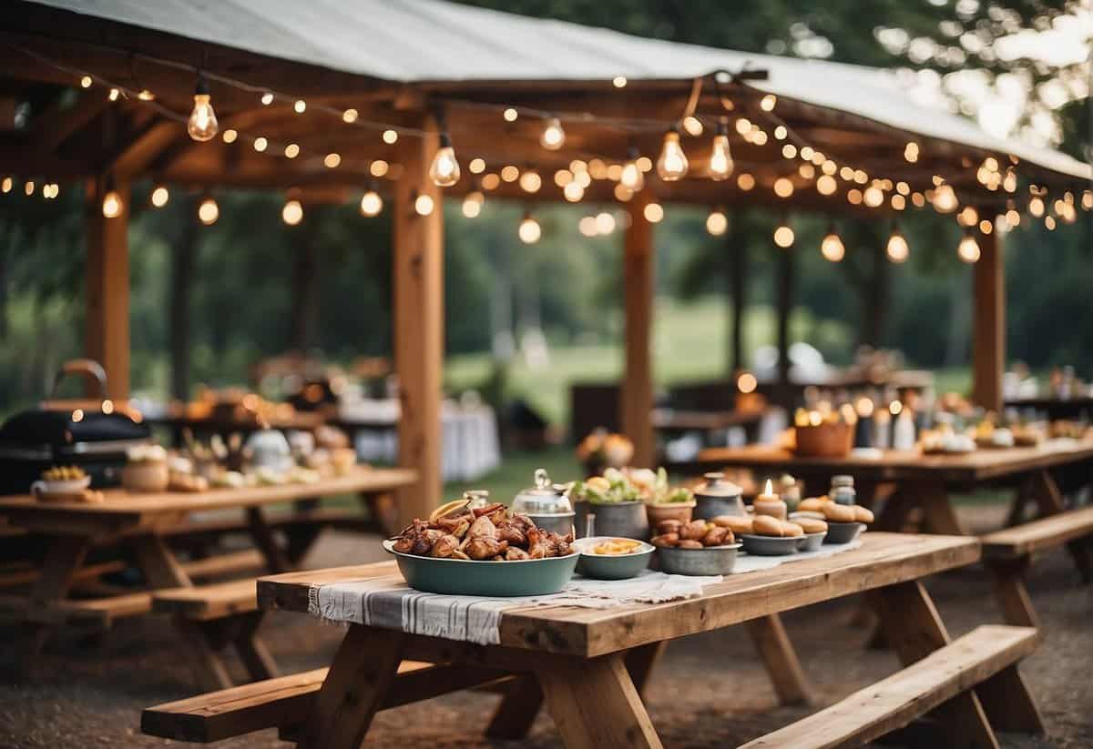 A festive outdoor wedding with a rustic BBQ theme, featuring a decorative canopy, wooden picnic tables, string lights, and a grill sizzling with delicious food
