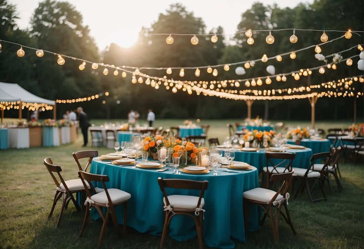 A festive outdoor wedding reception with a barbecue grill, games, and live music. Tables are adorned with colorful decorations and guests are enjoying the lively atmosphere