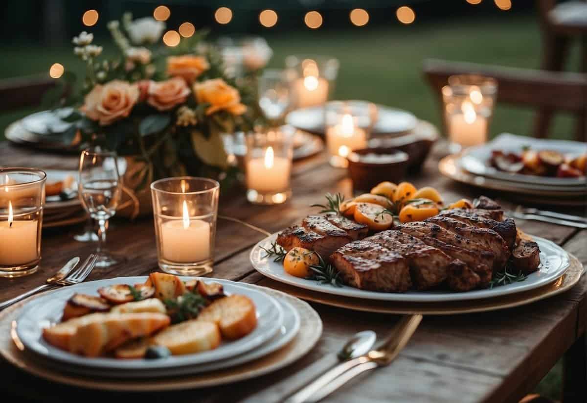 A table set with BBQ dishes, floral centerpieces, and string lights. Outdoor setting with guests mingling and enjoying the festivities