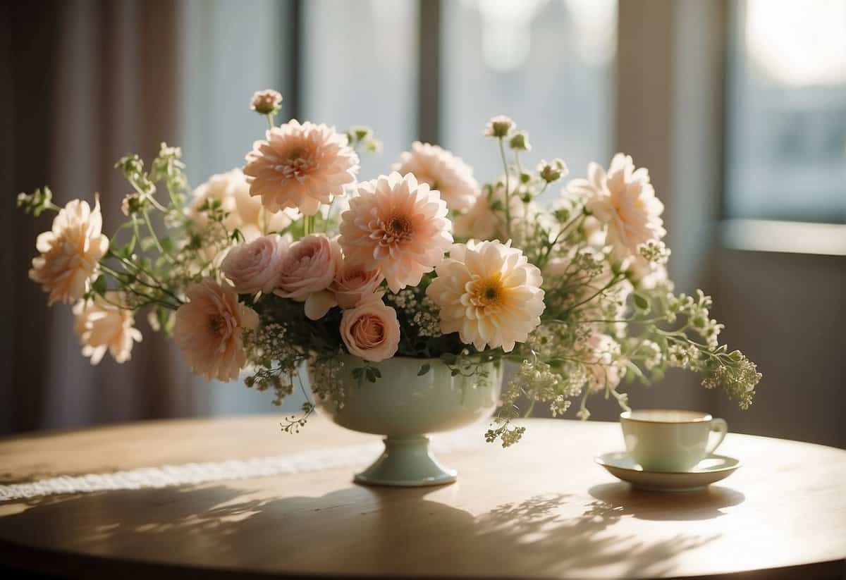 A table adorned with simple, elegant floral centerpieces in soft pastel hues. Sunlight streams through the windows, casting a warm glow on the delicate petals