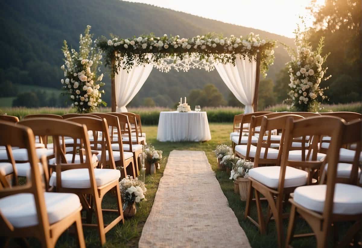 A simple outdoor wedding setup with budget-friendly decor: white folding chairs arranged in rows, a rustic wooden arch adorned with fresh flowers, and string lights hung overhead for a romantic touch
