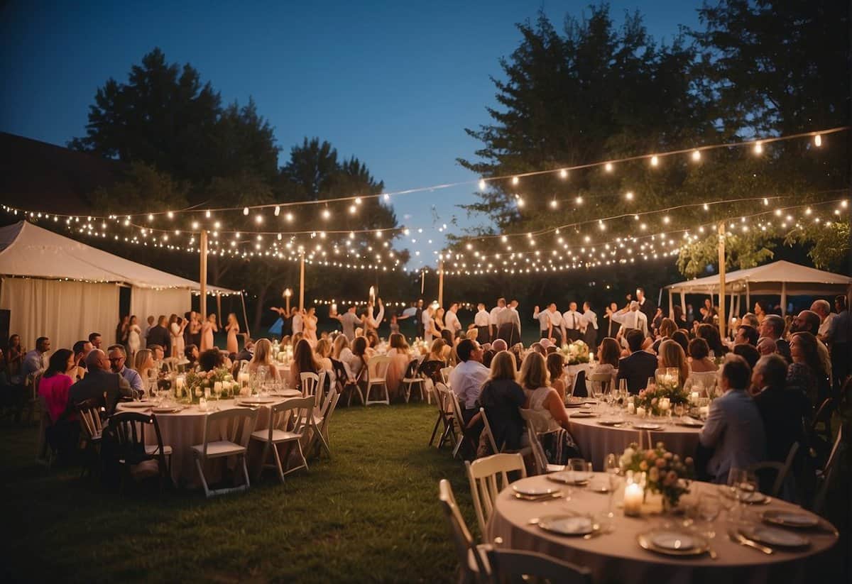 A colorful outdoor wedding with a live band, lawn games, and DIY photo booth under string lights and a starry night sky