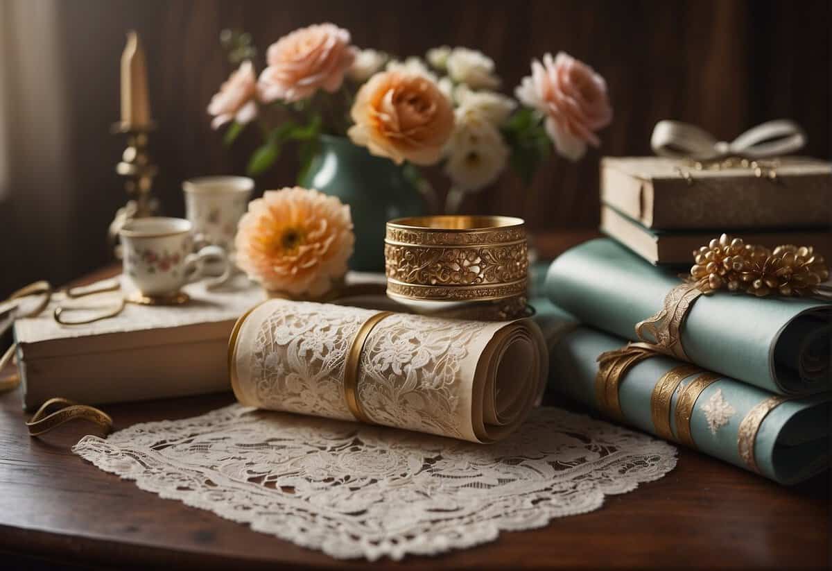 A collection of elegant papers, lace, ribbons, and floral motifs arranged on a vintage desk