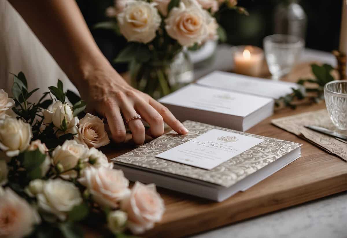 A hand reaches for a stack of elegant wedding invitations on a table, surrounded by flowers and calligraphy tools