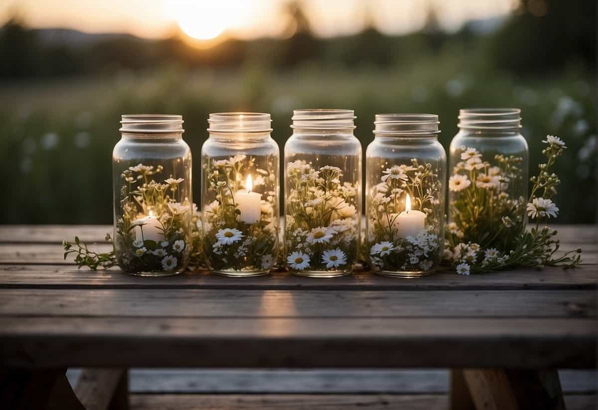 A rustic wooden table adorned with mason jars filled with wildflowers, surrounded by flickering tea lights and delicate lace accents