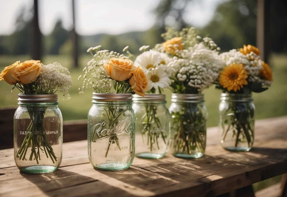 A rustic wooden table adorned with mason jar centerpieces filled with seasonal flowers and themed decor for a wedding celebration