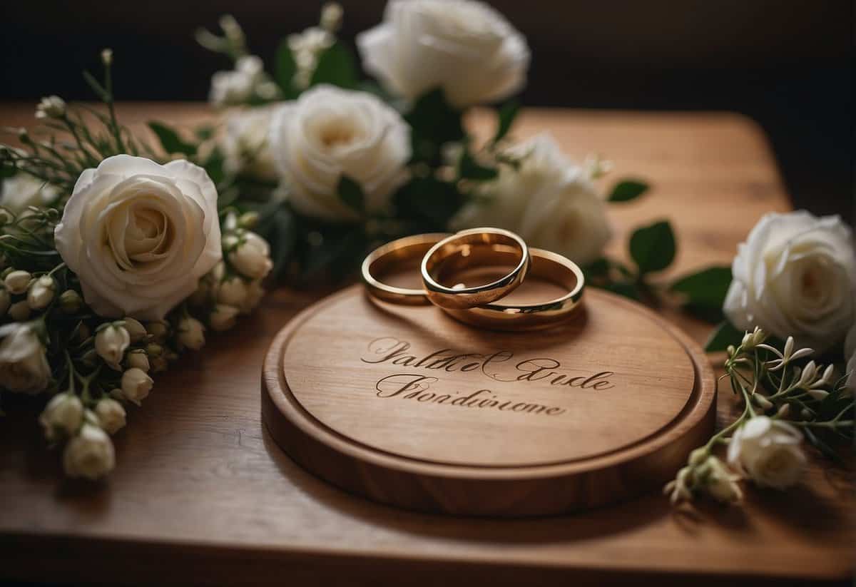 A couple's names engraved on a wooden cutting board surrounded by delicate floral arrangements and wedding rings