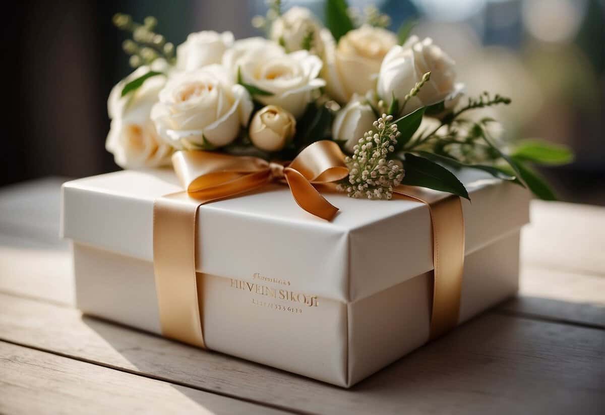 A beautifully wrapped gift box with the couple's names and wedding date engraved on it, surrounded by elegant wedding decor and flowers