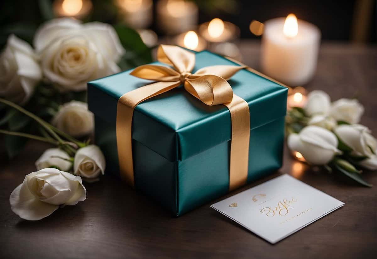 A beautifully wrapped gift box with a personalized message card and thoughtful contents, surrounded by elegant wedding decor
