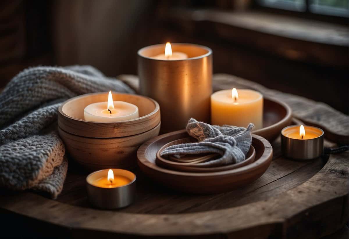 A beautifully wrapped set of kitchen utensils, a cozy throw blanket, and a set of elegant candles arranged on a rustic wooden tray