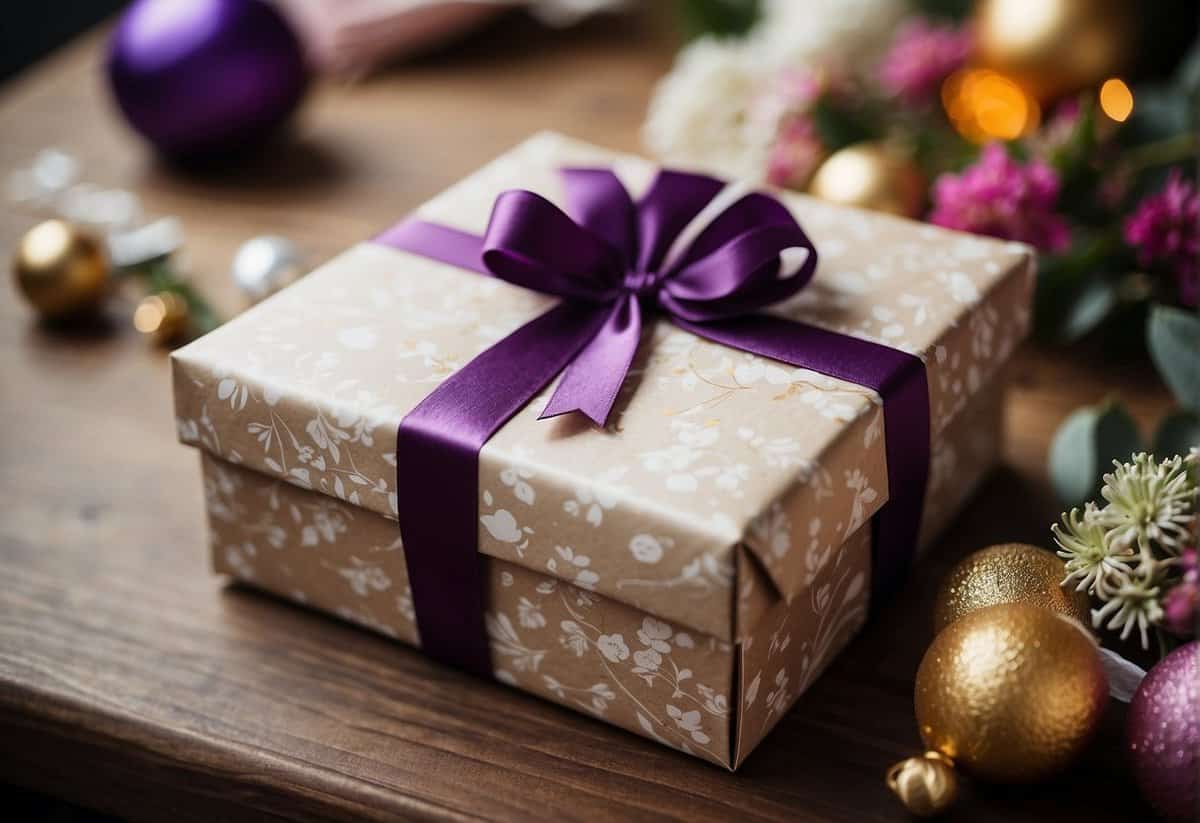 A beautifully wrapped gift box sits on a table, surrounded by festive decorations and a handwritten card. The box is tied with a ribbon and adorned with a small bouquet of flowers