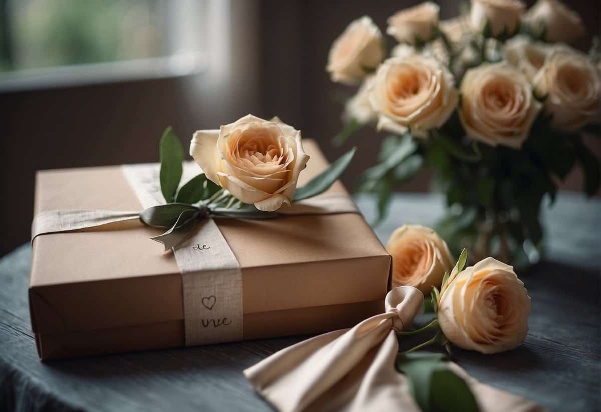 A beautifully wrapped box with a delicate ribbon, a bouquet of her favorite flowers, and a handwritten love letter on a table