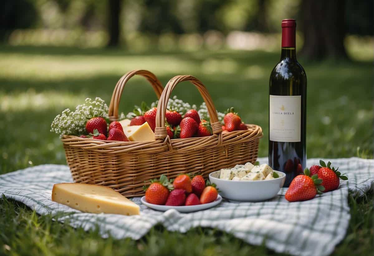 A picnic blanket spread out in a lush green park, with a wicker basket filled with wine, cheese, and strawberries. A bouquet of colorful wildflowers and a handwritten note with "Experience and Date Ideas for the Newlyweds" written on it
