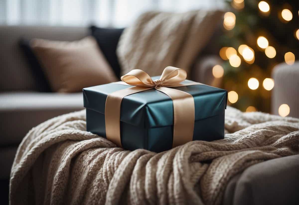 A beautifully wrapped gift box with a luxurious silk ribbon, surrounded by soft, fluffy pillows and a cozy blanket, all in a serene and elegant setting