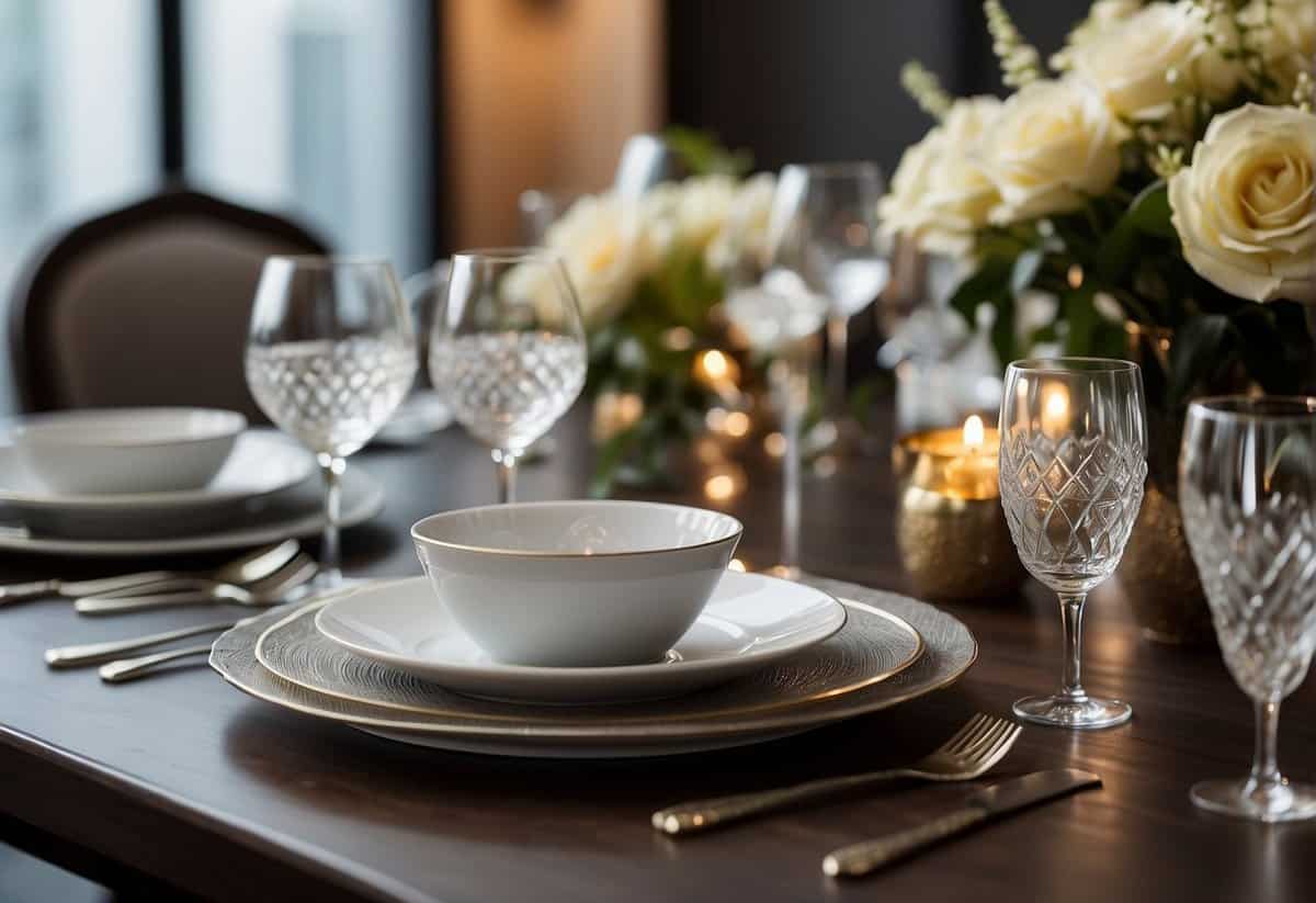 A beautifully set dining table with elegant dinnerware, sparkling glassware, and decorative centerpieces. A gift registry with luxurious bedding, plush towels, and stylish home decor