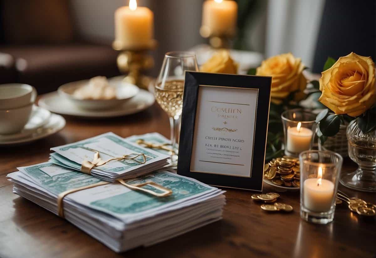 A table adorned with personalized items, travel vouchers, and a donation in the couple's name