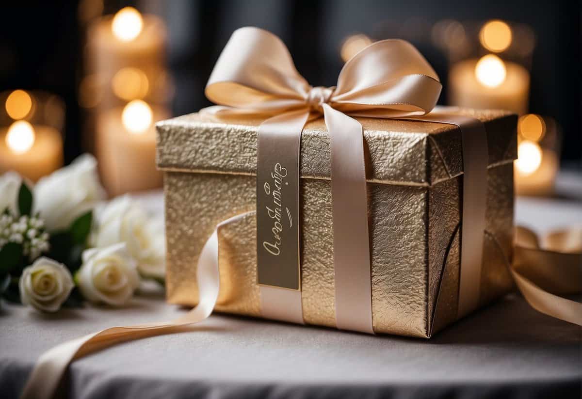 A beautifully wrapped gift box with the couple's names engraved on it, surrounded by elegant wedding decor and a romantic ambiance