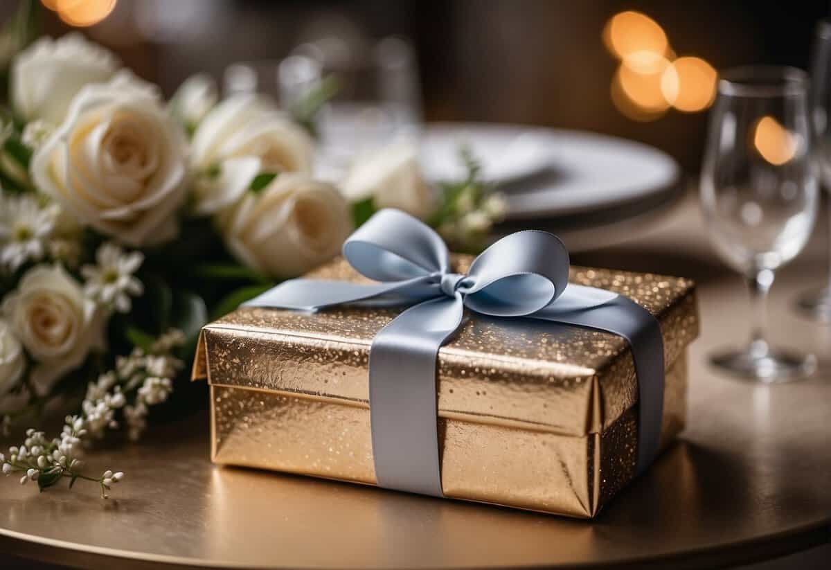 A beautifully wrapped gift box with a ribbon, surrounded by elegant wedding decor and flowers. A tag on the box reads "Experience and Subscription Gifts."
