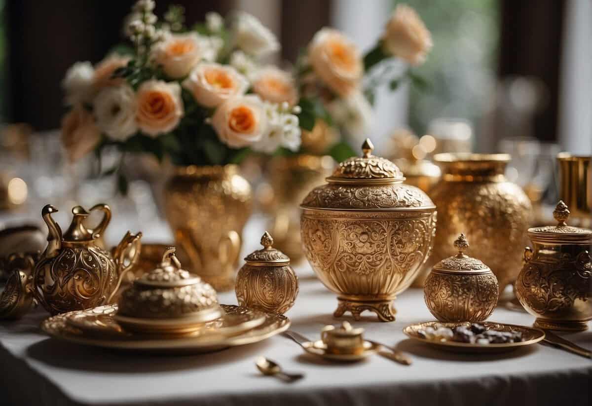 A table adorned with elegant and unique gifts, including ornate vases, intricate sculptures, and delicate jewelry boxes, all carefully arranged for a wedding celebration
