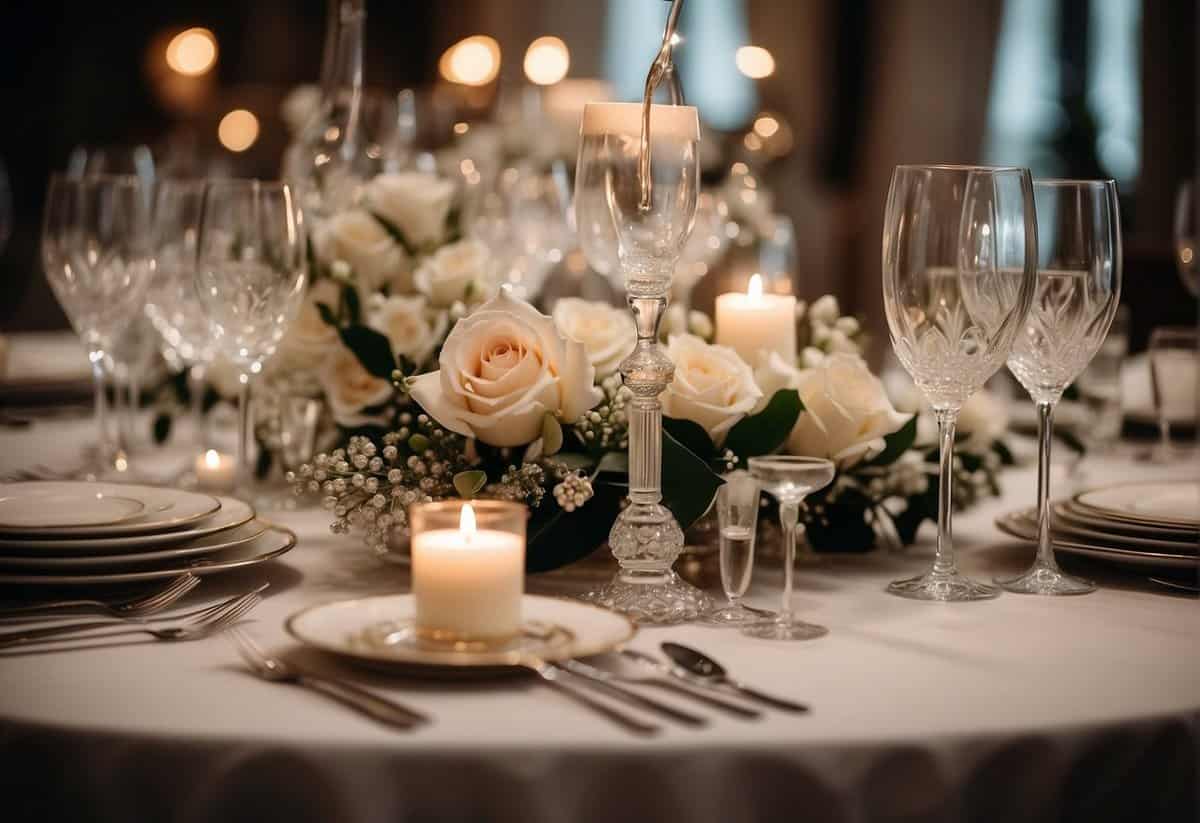 A lavish table setting with elegant silverware, crystal glasses, and a stunning floral centerpiece. A gift table adorned with expensive champagne, luxury candles, and beautifully wrapped presents