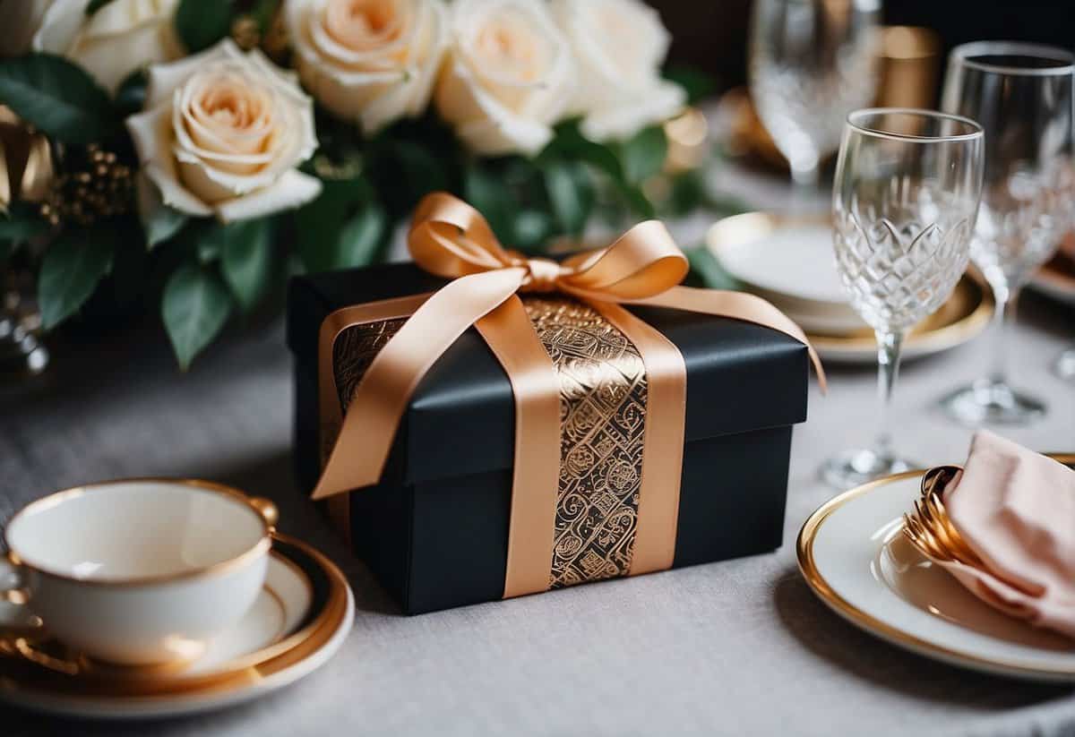 A beautifully wrapped monogrammed gift box surrounded by elegant wedding decor and luxurious accessories