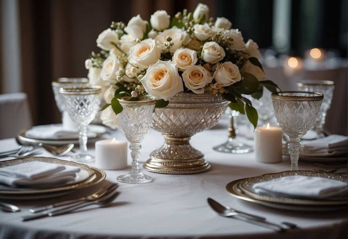 A beautifully set dining table with elegant dinnerware, crystal glasses, and luxurious linens. A lavish bouquet of flowers and a silver candle centerpiece complete the opulent scene