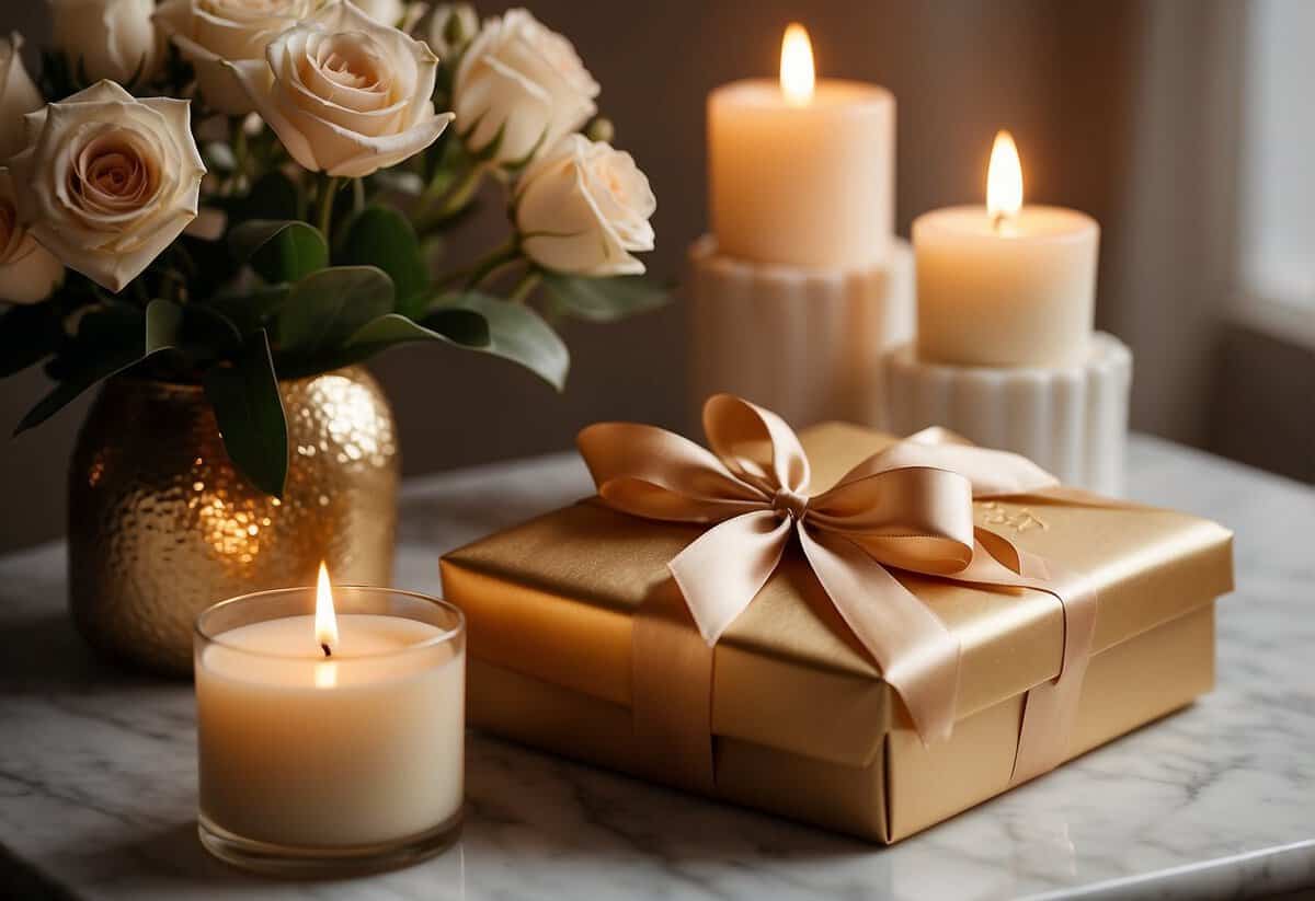 A beautifully wrapped box with a ribbon sits on a marble table, surrounded by elegant flowers and candles. A golden card with the words "Experiential and Subscription Gifts" is displayed prominently