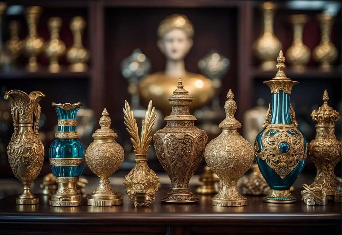 A lavish display of ornate vases, intricate jewelry boxes, and elegant crystal figurines arranged on a velvet-lined shelf