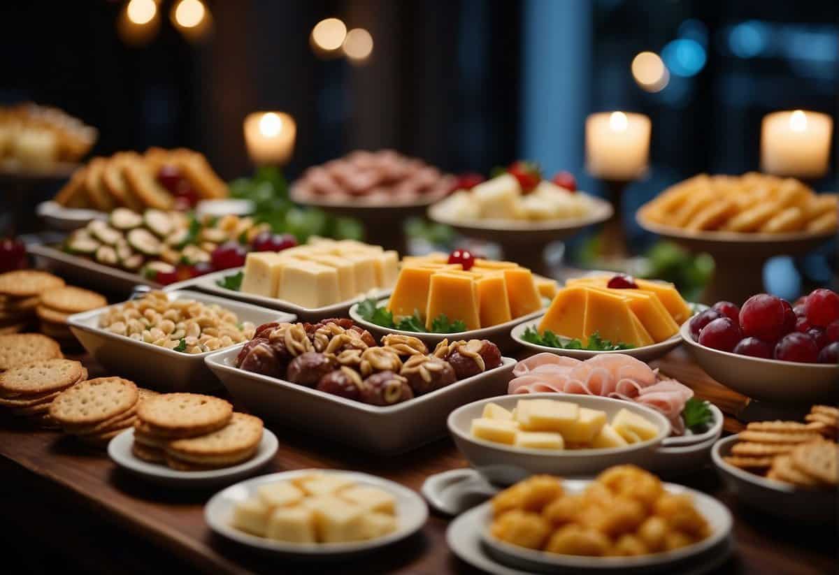 A table with various late-night snack options at a wedding reception, including mini sliders, cheese and charcuterie boards, and bite-sized desserts