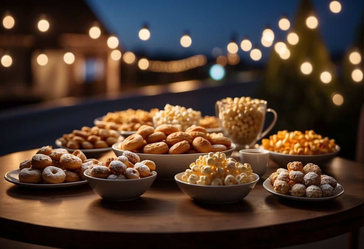 A table adorned with an array of decadent late-night snacks, from mini donuts to gourmet popcorn, set against a romantic backdrop of twinkling fairy lights