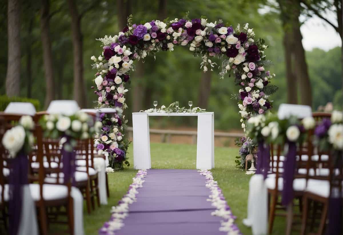 A purple and green floral arch frames a wedding altar, with matching bouquets and table centerpieces. The color scheme is carried through in the decorations and attire, creating a cohesive and elegant atmosphere